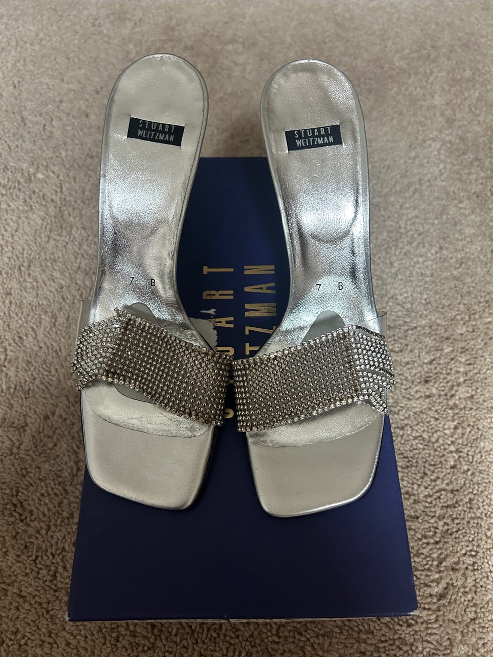 Stuart Weitzman Silver Crystal Mesh Slide Sandals Mules
